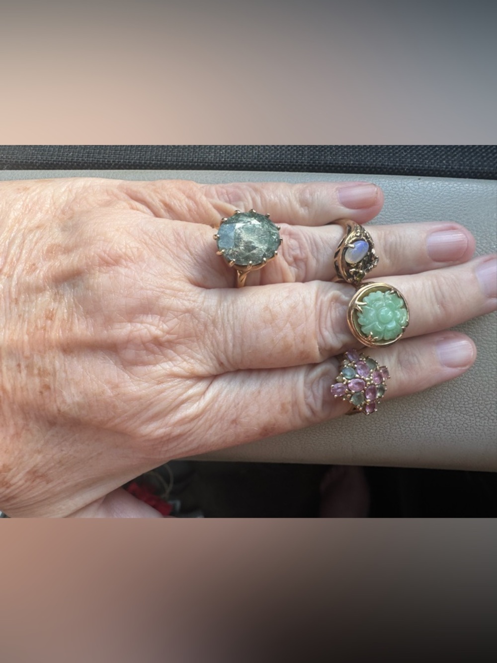 Four Ring Bundle Featuring Jade, Opal, Rubies and Emeralds